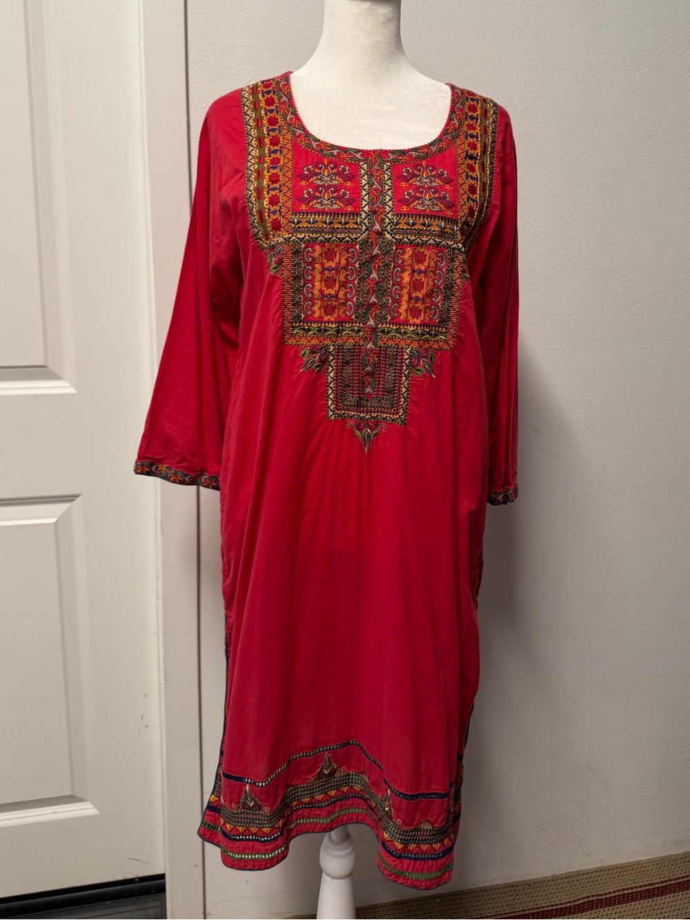 Edenrobe Red Embroidered Pakistani Kurta | Size L | Traditional Desi Kameez